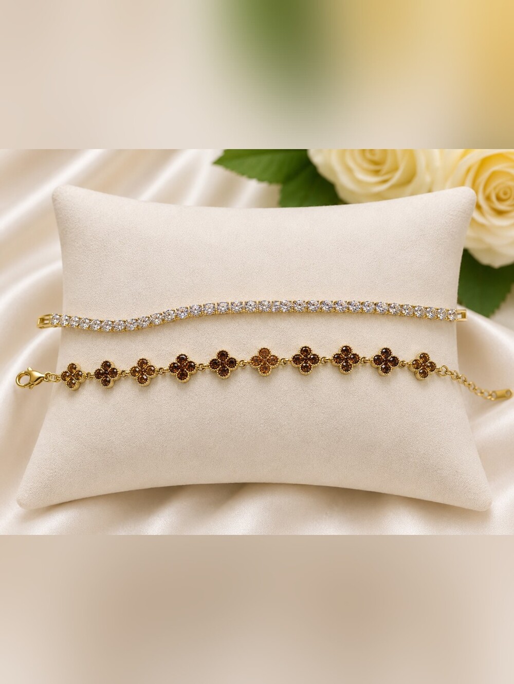 Silver-Tone Tennis & Brown Clover Bracelet Set | Crystal Accent